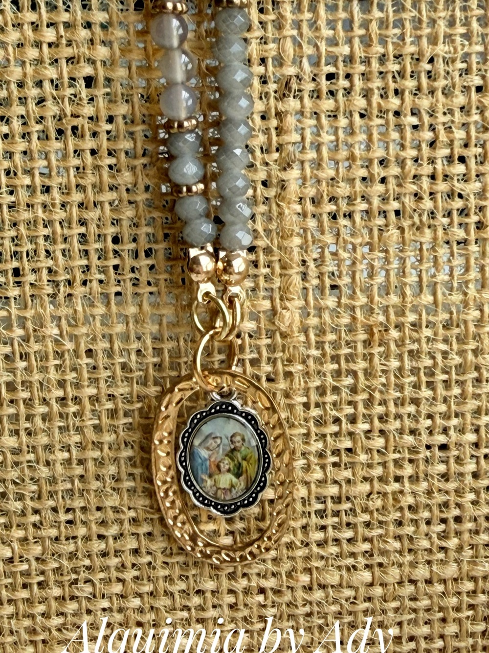 Gold-Tone Religious Pendant Necklace with Gray agate Beads